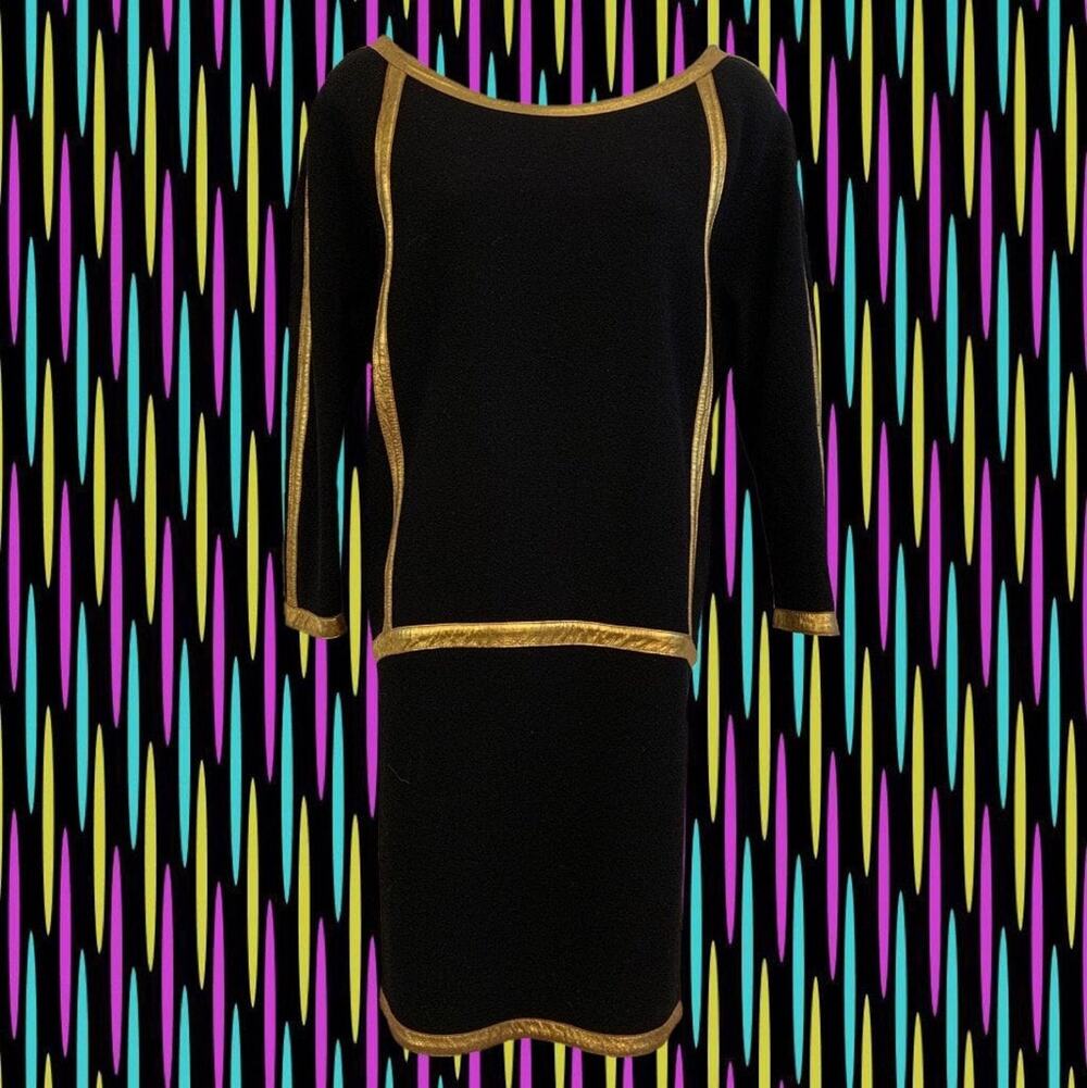 Vintage 80's Donna Karan New York Black Knit Dress • Metallic Gold Leather